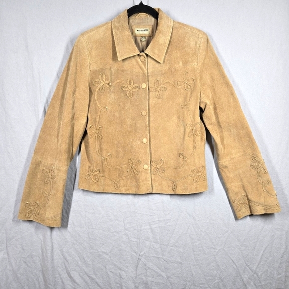 Vintage The Territory Ahead Suede Leather Jacket Floral Applique Tan Size Large - Picture 4 of 16